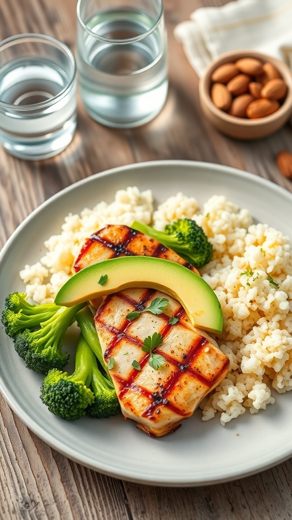 A low carb meal with grilled chicken, broccoli, cauliflower rice, and avocado on a rustic table.
